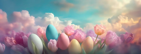 Colorful Easter eggs nestled among tulips under a sky with fluffy clouds..の素材