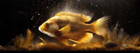 A golden fish swimming in a dark environment, highlighting its vibrant and shimmering beauty..の素材