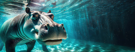 An underwater view of a curious hippopotamus, capturing the playful nature of the animal in its aquatic environment..の素材