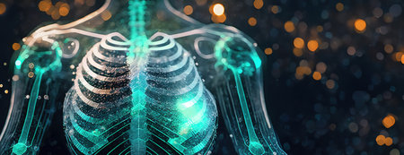 Holographic visualization of a human ribcage with digital connections on dark background. Advanced technologies in medical equipment..の素材