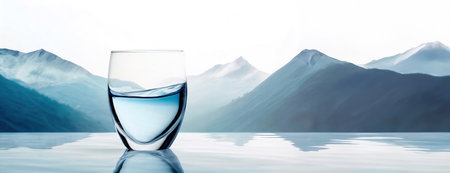 A clear glass of water stands on a reflective surface with misty mountains in the background, highlighting purity and nature..の素材
