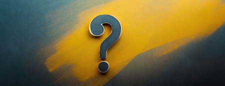 A metallic question mark on a textured yellow and blue gradient. The symbol stands out as a bold icon of curiosity and inquiry..の素材