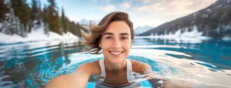 Embracing the Chill. The Benefits of Cold Water Immersion. A woman smiles broadly, submerged in a hot spring, surrounded by snow-covered mountains.の素材