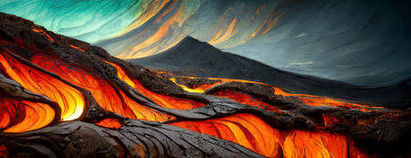 Volcanic lava flows create dramatic patterns against a stark landscape. The fiery red and orange hues contrast vividly. Powerful natural phenomenon, movement of molten earth..の素材