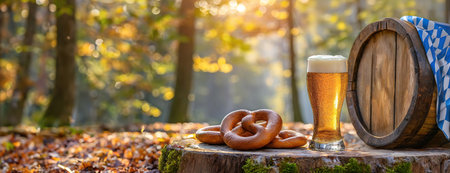 A pint of beer with pretzels on a tree stump, a beer barrel, Bavarian flag and autumn leaves in forest setting..の素材