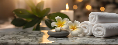 Spa scene with rolled white towels and flowers on marble surface under soft lighting.の素材