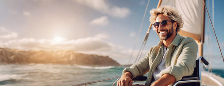 Smiling Man Enjoying a Sunny Day Sailing on the Ocean. A cheerful man with curly hair smiles brightly while sailing, enjoying the ocean breeze on a sunny day.の素材