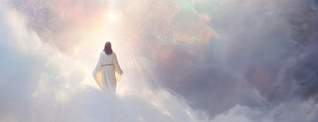 A figure in white ascends towards an ethereal light in the clouds. Symbolizing ascent, the image conveys a journey towards enlightenment..の素材