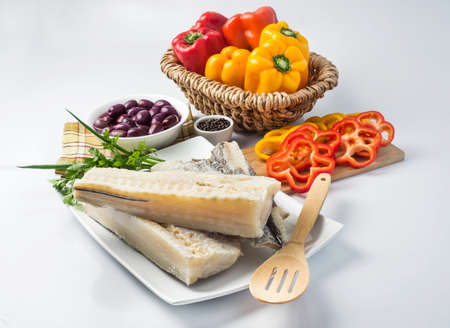 dried salted cod, Codfish with black olives and pepper