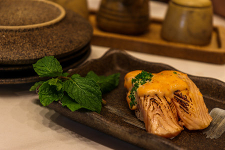 Sashimi is a traditional Japanese food often eaten raw with some of lemon juice and soy sauce. This asian food delight is a perfect meal for lunch and dinner.の写真素材