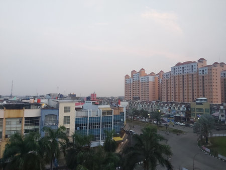 Harmony, nature and Green city of the future. Deserted quarter, streets without people. Sunny day in the big City square and skyline with modern buildings scenery.の写真素材