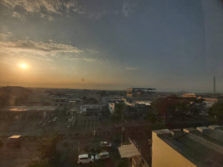 Harmony, nature and Green city of the future. Deserted quarter, streets without people. Sunset and...