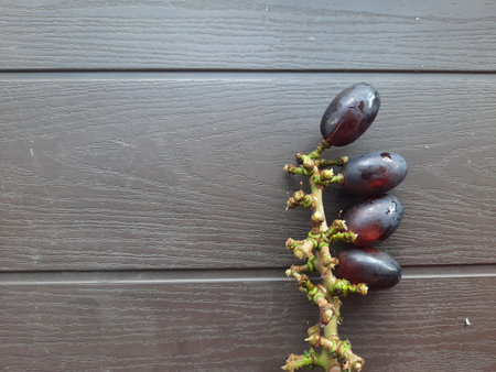 bunch of  black Grapes on pedestal black table and wooden background with space for your writing