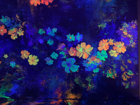 Colorful abstract painting on a dark background. Flowers in the foreground.の写真素材