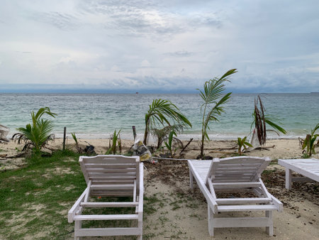 Beach chairs on the tropical beach in Koh Samui, Thailandの写真素材