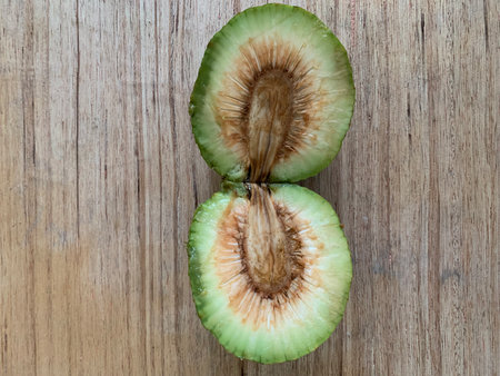 Sliced green melon on a wooden table, top view