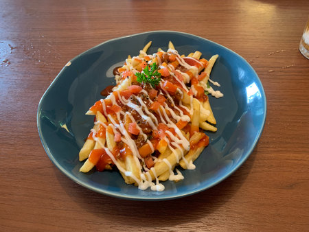 french fries with tomato sauce on a blue plate on a wooden table