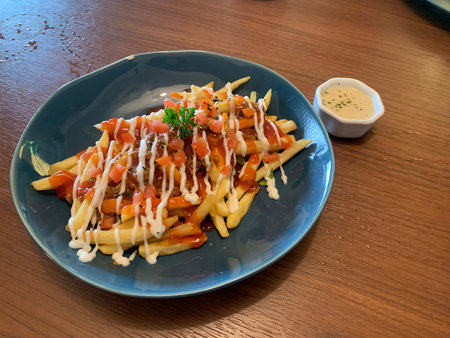 french fries with cheese and tomato sauce on a blue plate.