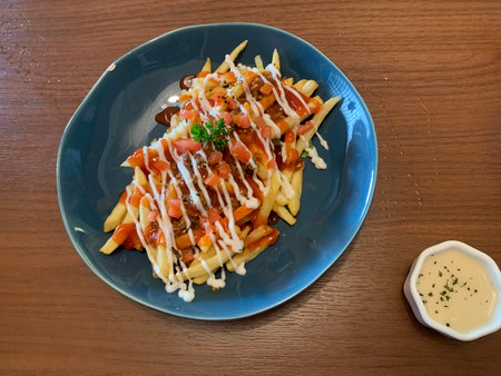 french fries with sausage and cheese on blue plate on wooden table
