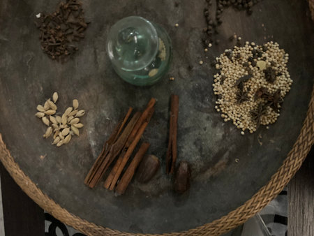 Spices and herbs on a wooden table. Vintage style. Selective focus.の写真素材