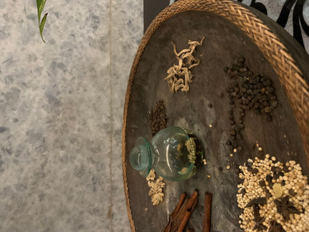 Spices and herbs on a plate.の写真素材