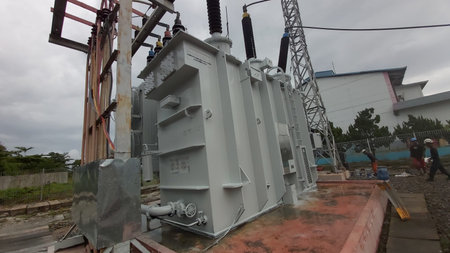 Power transformer in a power plant. Power transformer for high voltage power.