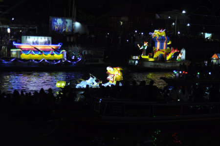 Colorful light show in Bangkok, Thailand.