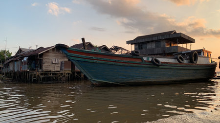 Fishing boats on the Mekong river in the city of Thailandの写真素材