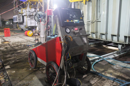 Industrial machinery and equipment in a factory workshop, closeup of photo