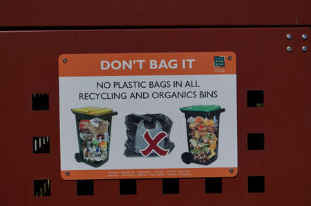 Bentleigh, VIC / Australia - Aug 29 2018:No Plastic Bag sign at Rubbish Bin in Centenary Park