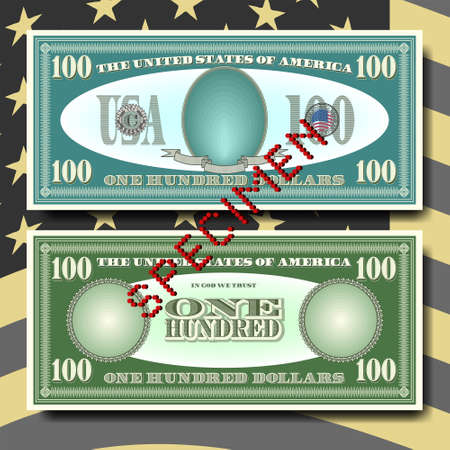 A fictional pattern of US paper money obverse and reverse with shadows, face value of 100 dollars. Red perforated lettering, specimen EPS 10のイラスト素材
