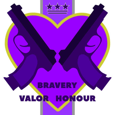 Violet heart and two pistol silhouettes inscription Bravery Valor Honorのイラスト素材