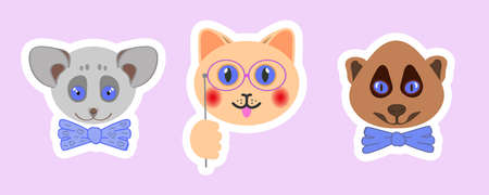 Collection of stickers  and emblems, cute little faces of animals with blue eyesのイラスト素材