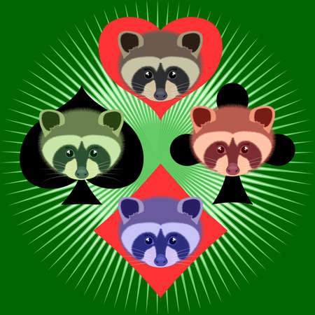 Multicolored raccoon heads with card suitsのイラスト素材
