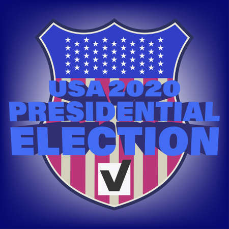 Poster with 3D inscription USA 2020 PRESIDENTIAL ELECTION on the background of a shield with the American flag and a tick in a squareのイラスト素材