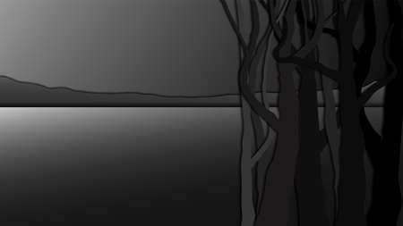 Abstract night landscape with trees in the foreground and mountains and lake in the background with shadows EPS10のイラスト素材