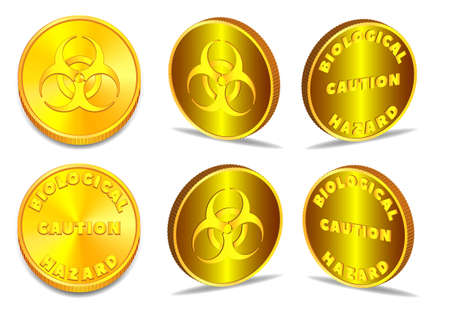 3d gold coin in six projections with shadows. Lettering Caution Biological Hazard.のイラスト素材