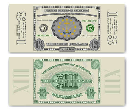 Protective guilloche mesh. Fictional 13 US dollars Rhode Island and motto Hope. Thirteen. Providence. Anchor EPS10のイラスト素材