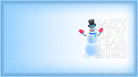 Cover dedicated to the winter holiday. Happy new year 2021 lettering and smiling snowman on a background of translucent snowflakes. EPS10のイラスト素材