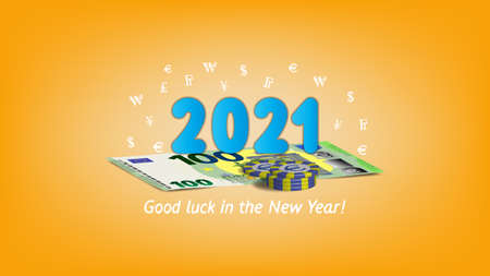 Festive poster in orange color. Inscription Good luck in the New Year. 3d casino chips, 100 euro banknote and signs of world currenciesのイラスト素材