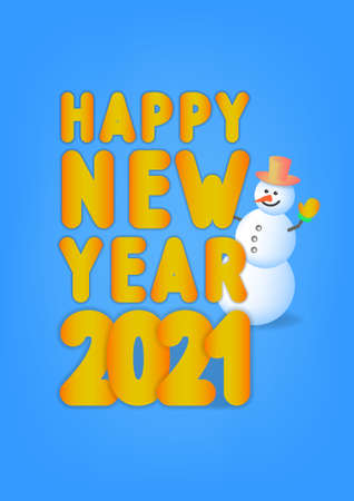 Blue cover dedicated to the winter holiday. Lettering Happy New Year 2021 and a smiling cartoon snowman in a hat with shadows. EPS10のイラスト素材