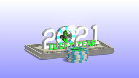 3d holiday poster with a bundle of 100000 dollars banknotes with a stack of casino chips and the inscription Lucky Year 2021. EPS10のイラスト素材