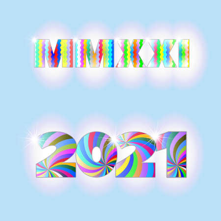 Multicolored date dedicated to the new year. Roman digits 2021 with shadows and glow.のイラスト素材