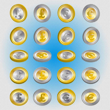 Set of samples of 3d bimetallic coins. Pound sterling and euro currency signs.のイラスト素材