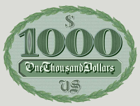 Green sticker thousand dollars in oval deciduous wreath with guilloche pattern EPS10のイラスト素材