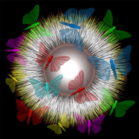 Abstract bright big explosion with colored butterflies from very thin lines on a black background. EPS10のイラスト素材