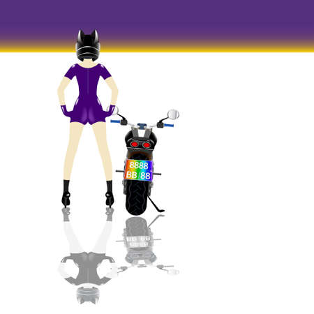 Sexy girl in tight violet latex clothes stands with her back a near to a motorcycleのイラスト素材