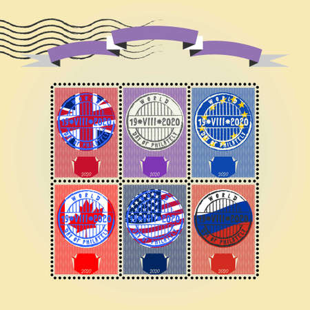 Block of six stamps with world flags dedicated to philately dayのイラスト素材