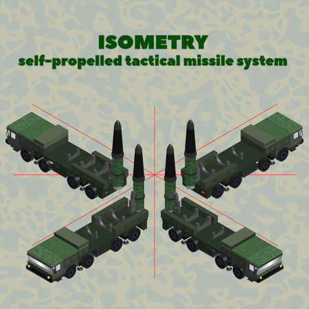Isometry 3D self-propelled operational tactical missile system in green protective color with a raised rocket.のイラスト素材