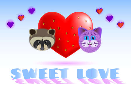 Valentine's day card with the image of a heart-berry, raccoon and cat and the inscription sweet love EPS10のイラスト素材